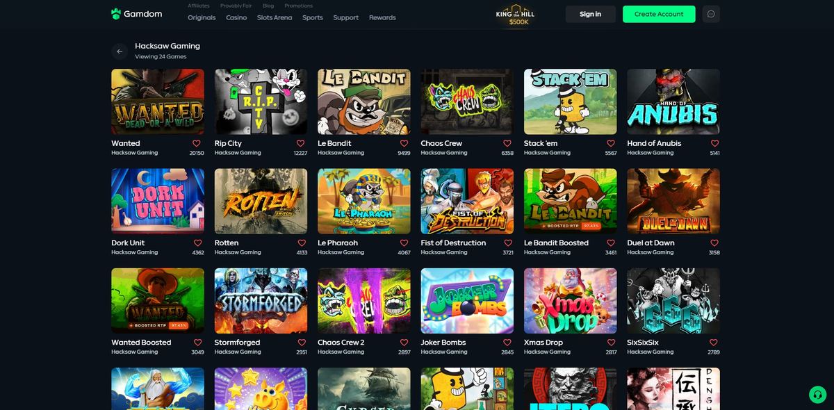 Hacksaw Gaming section at Gamdom